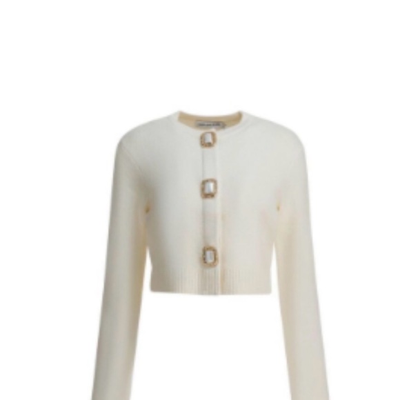 Self-Portrait Sweaters - Self-Portrait Cream Cropped Cardigan with Decorative Buckles